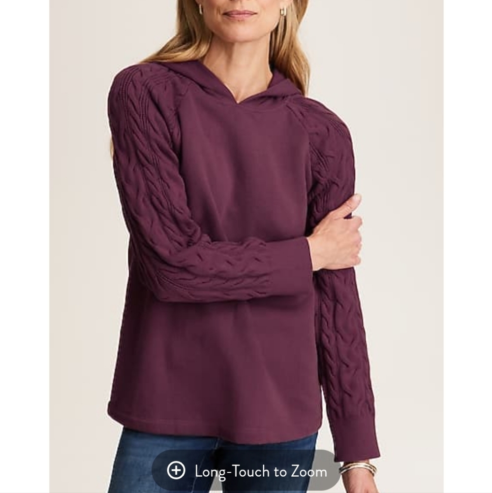 J.Jill French Terry & Cable Knit Sleeve Hoodie, Cotton, Purple, Size XL, NWT - Picture 3 of 13